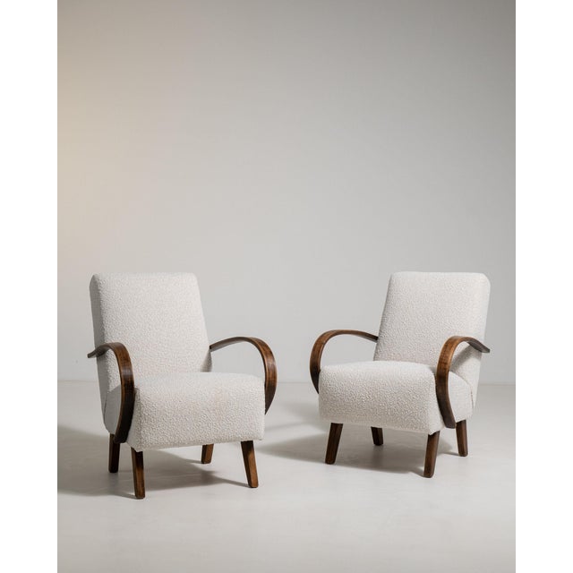 1950-1959 Czech Republic Warm Ivory Boucle Pair Of Bentwood-Arm Lounge Chairs For Sale - Image 11 of 11