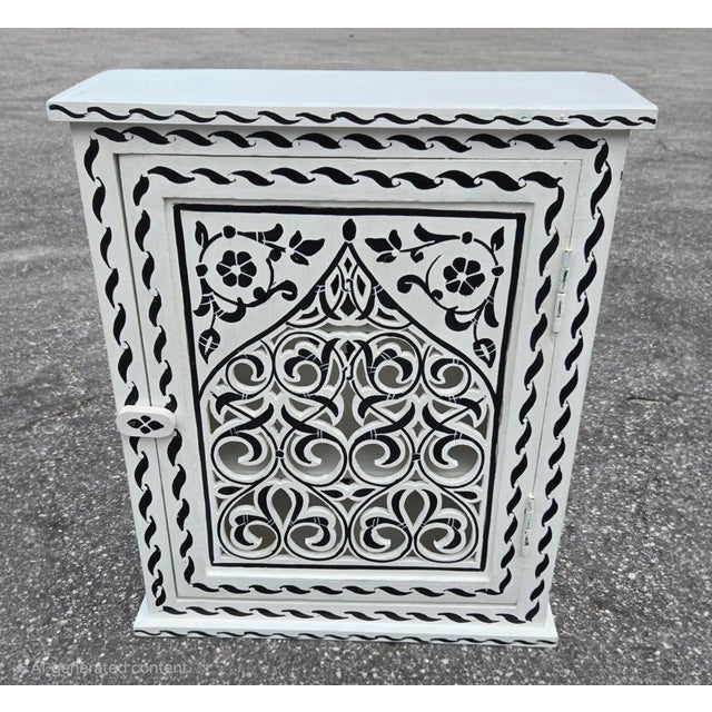 Wood Hand Painted Mediterranean Medicine Cabinet / Wall Shelf / White and Black Zouak For Sale - Image 7 of 7