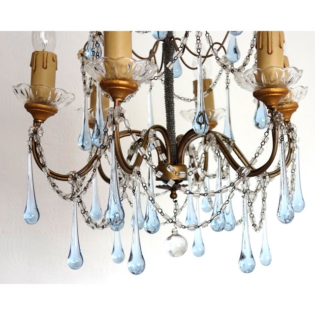 Antique Gilded Metal Murano Glass Drop Six-Light Chandelier, 1930s For Sale - Image 4 of 14