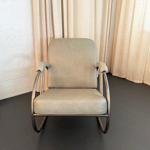 1930s Art Deco Steel and Leather Rocking Chair by Wolfgang Hoffman For Sale In New York - Image 6 of 10