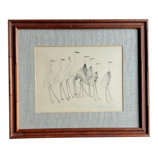 Vintage Group of Cranes, Framed Limited Edition Etching, Signed For Sale