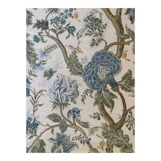 Bennison Fabric in Linen Dragon Flower - Green Blue Brown on Oyster 4 6/8 Yards For Sale