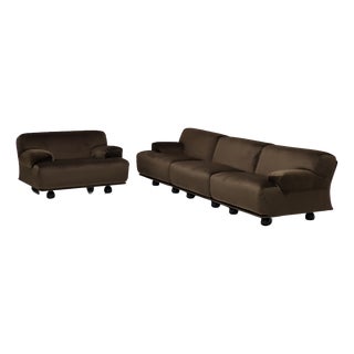 Fianda Modular Sofa and Armchair in Brown Velvet by Vico Magistretti for Cassina, 1970s, Set of 4 For Sale