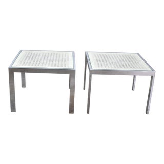 Mid-Century Modern to Modern Side Tables Chrome and White Cane Square Glass Top, a Pair For Sale