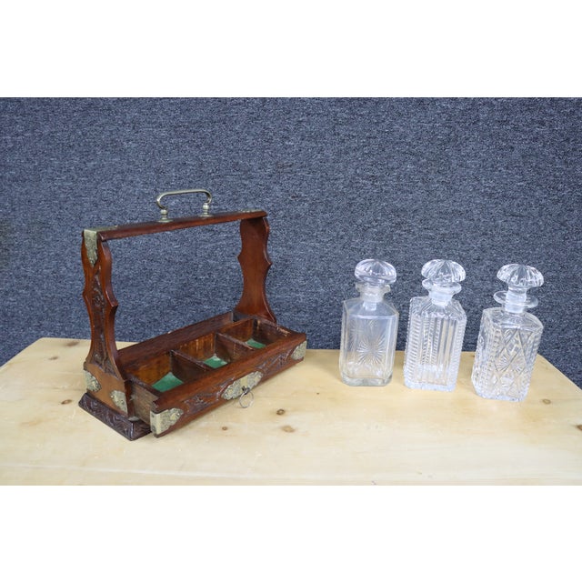 Antique English Oak & Brass Tantalus Decanter Set For Sale - Image 9 of 9