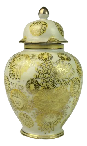 Vintage Japaneses Yellow, White & Gold Porcelain Hand Painted Ginger Jar