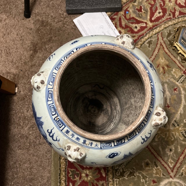 Chinese Large Blue & White Porcelain Dragon Temple Jar With Foo Dog Lid For Sale - Image 3 of 12