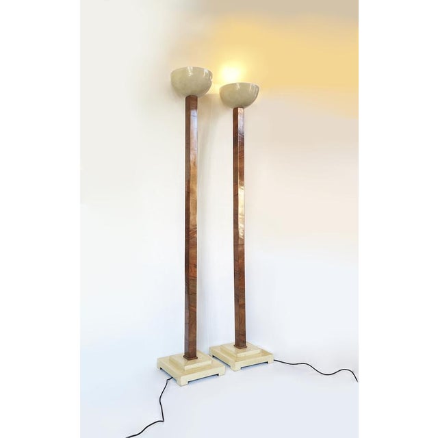 Particular Art Decò 1930 tall floor lamps composed of a parchment base, walnut wood structure and white painted metal...