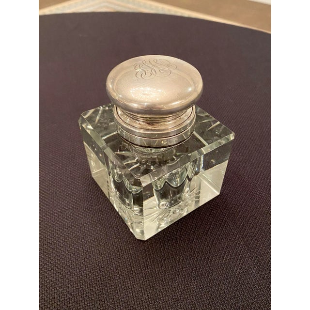Metal Vintage Cartier Silver and Cut Crystal Monogrammed Inkwell For Sale - Image 7 of 12