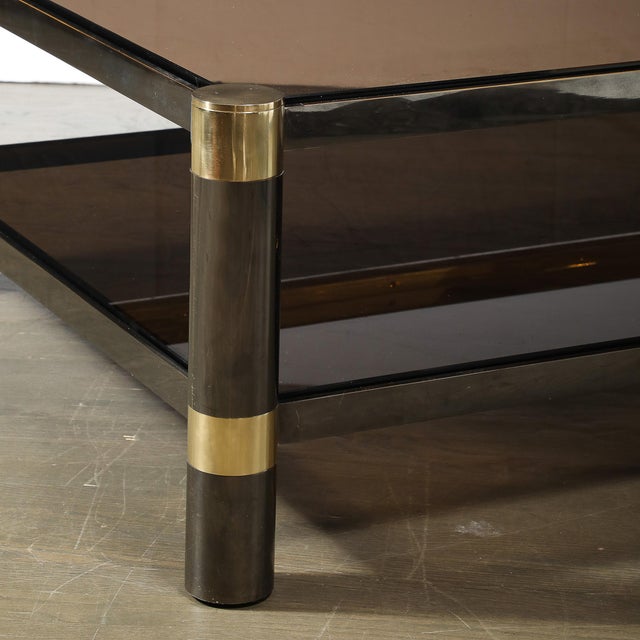 Brass Mid-Century Signed Karl Springer 2-Tier Gunmetal & Brass Cocktail Table For Sale - Image 8 of 13