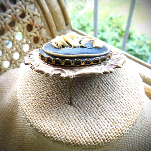 Cream Large Vintage Victorian Black Brooch Cream Flower Cameo, Gold Bezel For Sale - Image 8 of 10