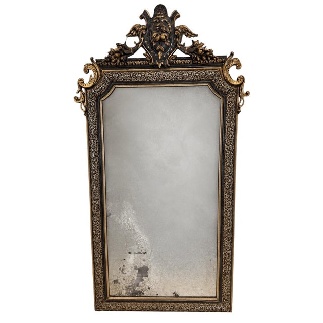 Antique Victorian Gothic Mirror with Silver Leaf Inlay over Black Gesso Frame, 1850 For Sale - Image 12 of 12