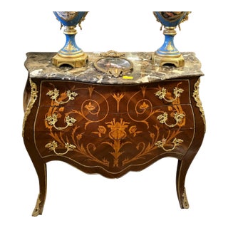 French Louis XV Bombe Commode With Floral Marquetry, Marble Top & Gilt Bronze Ormolu Mounts For Sale