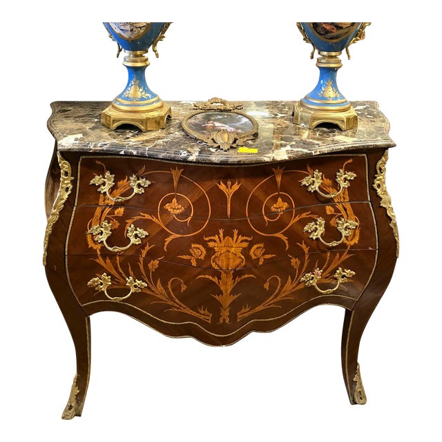 French Louis XV Bombe Commode With Floral Marquetry, Marble Top & Gilt Bronze Ormolu Mounts For Sale