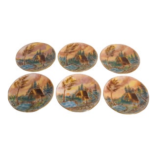 Circa 1900 American Impressionist Style Forest Cabin Landscape Motif Painted Porcelain Gilded Rim Appetizer Plates- Set of 6 For Sale