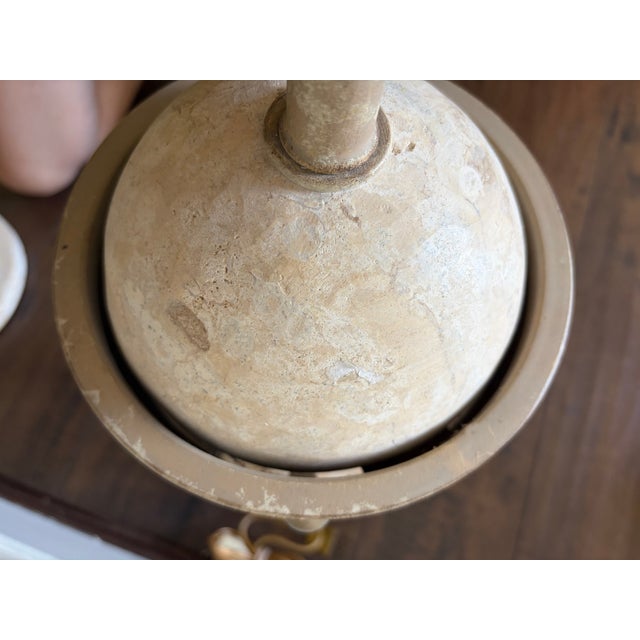 Pair of Neoclassical Travertine, Cast Iron & Brass Sculptural Lamps, Attributed to Michael Taylor For Sale - Image 13 of 17
