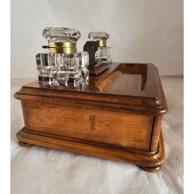 19th Century Olive Wood Twin Inkwell Standish with Bronze Lion Dog For Sale - Image 15 of 18