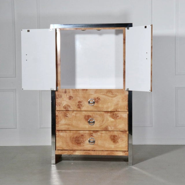 Faux burl laminate and chrome accented highboy dresser. Reminiscent of Milo Baughman for John Stuart pieces. Very nice...