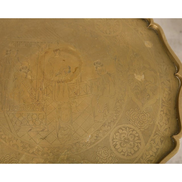 Asian Etched Brass Tray Table on Four Leg Stand For Sale - Image 11 of 18