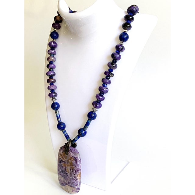Statement Charoite and Lapis Lazuli Necklace With Sculptural Charoite Pendant a Wearable Work of Art For Sale - Image 16 of 18