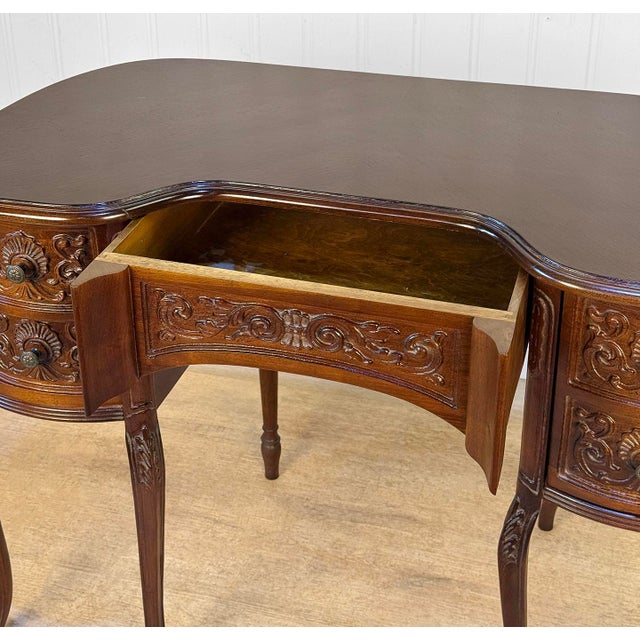 Vintage French Mahogany Carved Kidney Writing Vanity Desk For Sale - Image 10 of 12