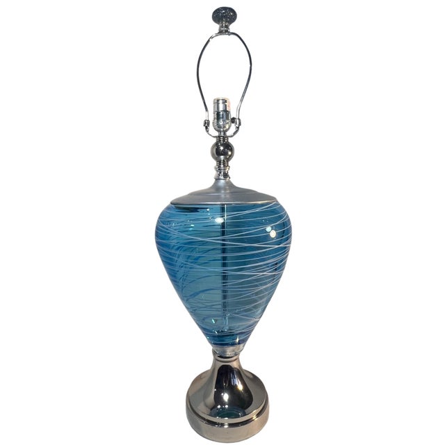Art Glass Aqua Blue White Swirl Table Lamp For Sale - Image 11 of 18