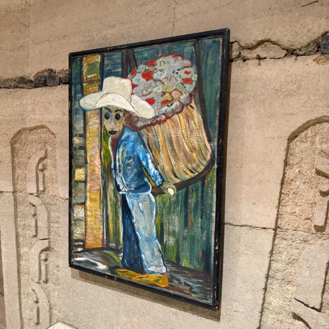 AMBIANIC presents 1970s Latin America Art Flower Vendor Oil on wood Painting Unsigned 31.25 h x 23.25 w x .75 h Preowned...