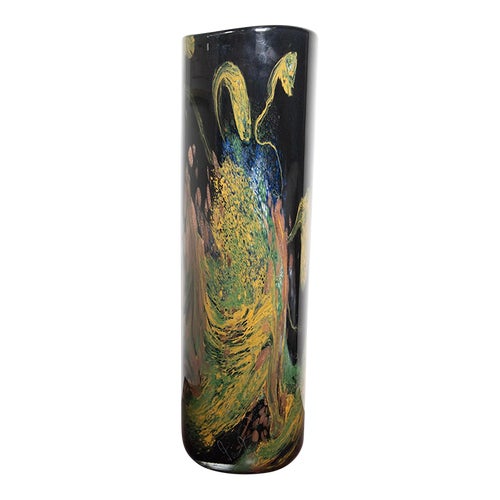 Stunning Hand Blown Tall Black Cased Art Glass Vase - 19