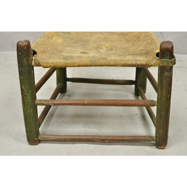 Wood Antique Small Ladder Back Green Primitive Rustic Childs Chair W/ Deer Hide Seat For Sale - Image 7 of 12