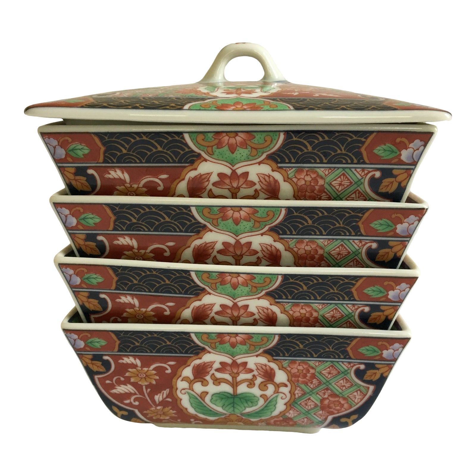 Japanese Lidded Porcelain Stacking/Nesting Bowls in Imari Style Set