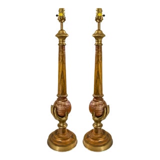 Modern Neo-Classical Style Cerused Pine and Brass Hand Chapman Table Lamps- Pair For Sale