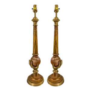 Modern Neo-Classical Style Cerused Pine and Brass Hand Chapman Table Lamps- Pair