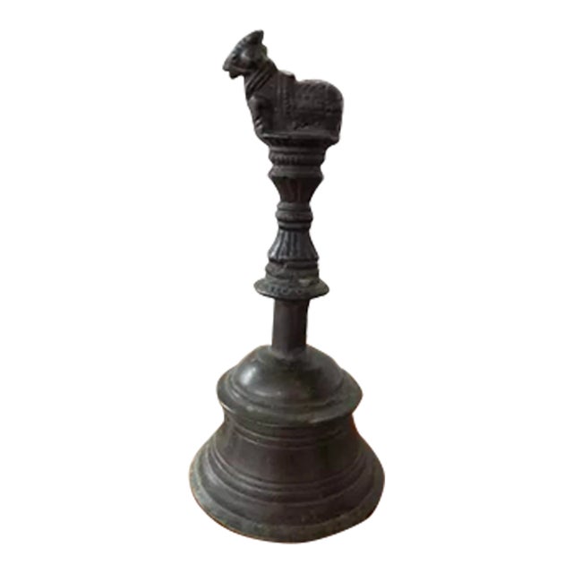 Mid 20th Century Indian Hindu Bronze Ghanta Nandi the Bull Handle Ritual Hand Bell For Sale