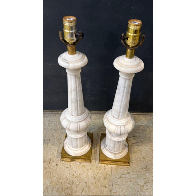 Neoclassical 1940 French Carved Alabaster Columns Lamps - a Pair For Sale - Image 3 of 6