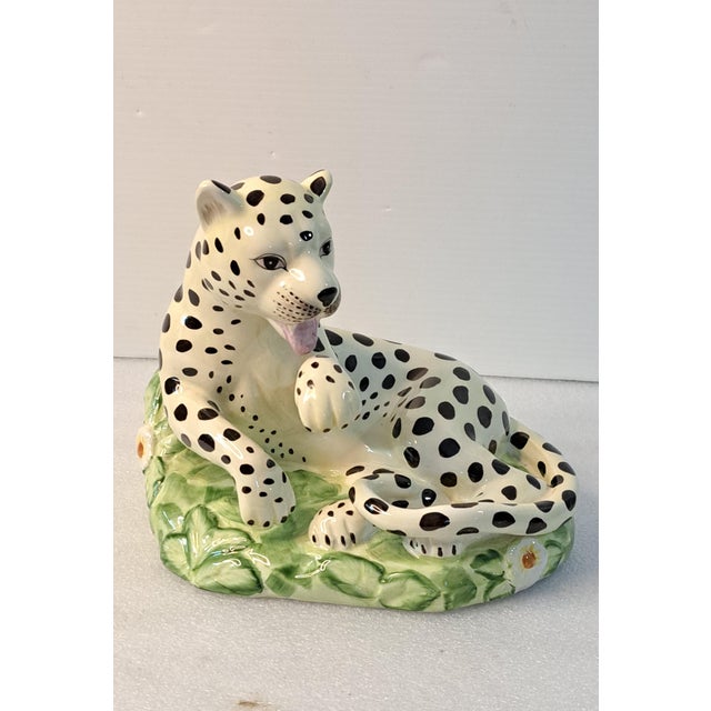 Cream Vintage Jeanne Reed’s Hand-Painted Porcelain Reclining Leopard Figurine With Floral Base For Sale - Image 8 of 12