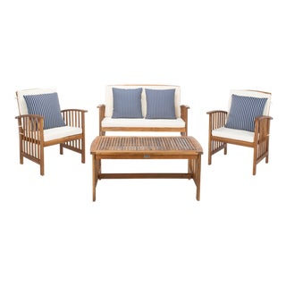 Rocklin 4-Piece Outdoor Set, Natural/Beige Cushion With Navy Thin Stripe Pillows For Sale