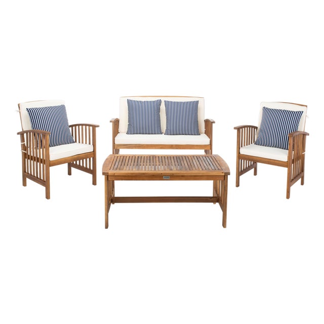 Rocklin 4-Piece Outdoor Set, Natural/Beige Cushion With Navy Thin Stripe Pillows For Sale