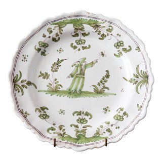 Mid-18th Century Green Plate with Figure from Bordeaux Faience For Sale
