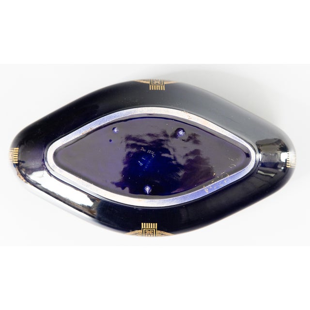 Ceramic Antique Neoclassical French Sarreguemines Majolica Cobalt Blue & Gilt Oval Centerpiece Bowl For Sale - Image 7 of 10