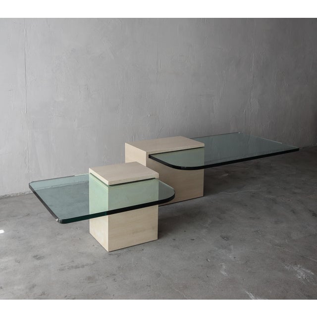 Pair of Italian Travertine and Cantilevered Glass Coffee Tables For Sale - Image 11 of 11