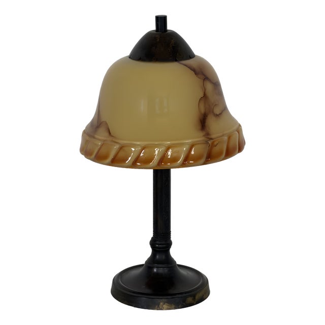 Art Deco Scandinavian Table Lamp with Amber Glass Shade For Sale