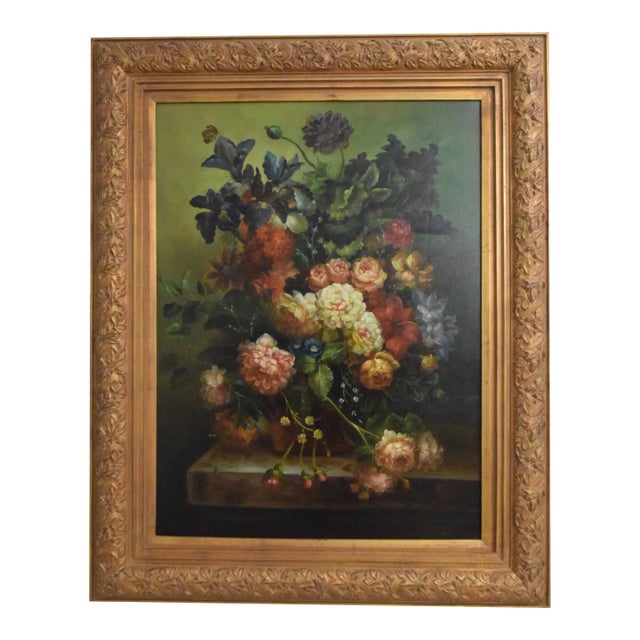 Large Artist Signed Floral Still Life Oil Painting on Canvas For Sale