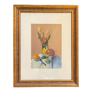 Contemporary Still Life Floral With Tulips and Fruit Oil Painting, After Thomas Hart Benton. Framed, Signed. For Sale