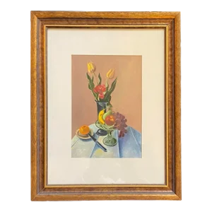 Contemporary Still Life Floral With Tulips and Fruit Oil Painting, After Thomas Hart Benton. Framed, Signed.