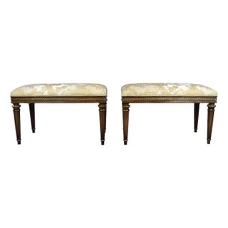 Louis XVI Style Benches, Pair by Baker Furniture, Walnut & Silk, 1960s For Sale