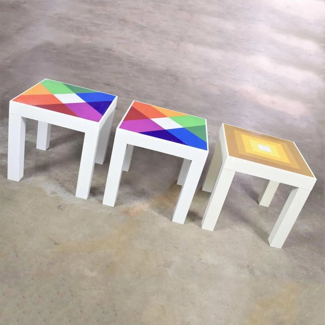 Mid-Century Modern MCM Trio of Mod Pop Art Side Tables Plastic Square Parsons Style After Kartell or Syroco For Sale - Image 3 of 13