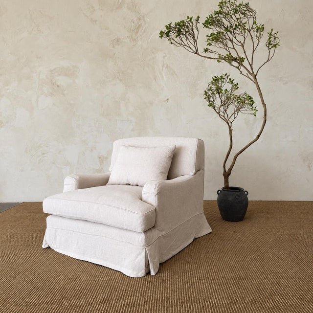 A Belgian Inspired Roll Arm Chair Slip Covered in 100% Linen 36″ W x 40″ D x 33″ H Arm Height 22″ Seat Height 17″ / Seat...