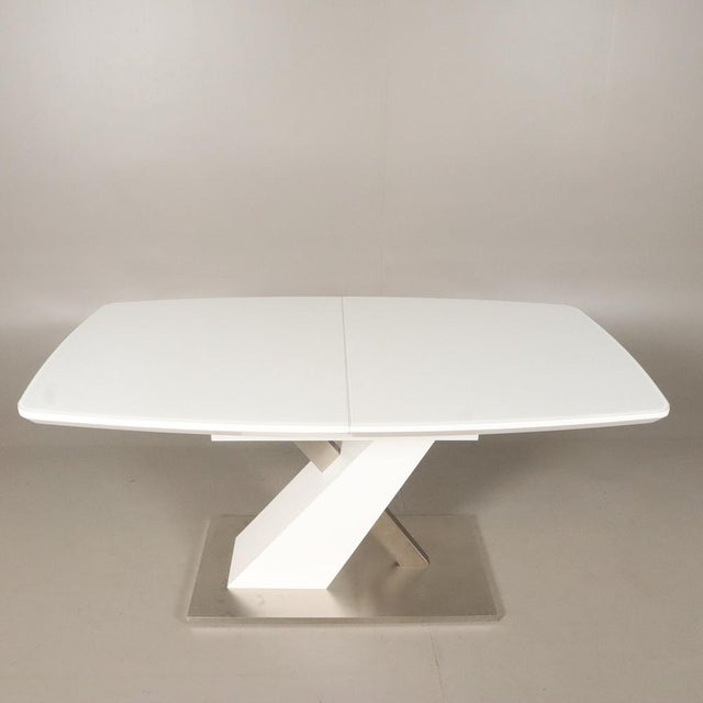 White Wooden Dining Table with Stainless Steel Details, 1980s, in Good conditions. Designed 1980 to 1989