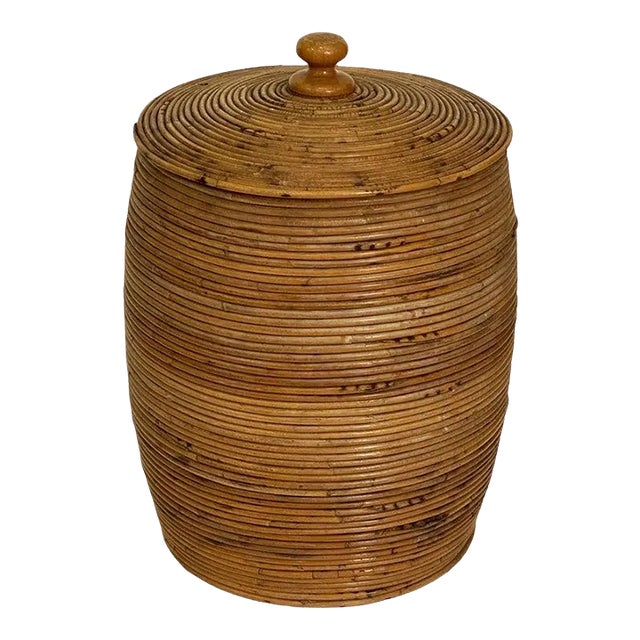 Large French Round Basket Container of Spiral-Work Cane With Lid For Sale