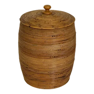 Large French Round Basket Container of Spiral-Work Cane With Lid